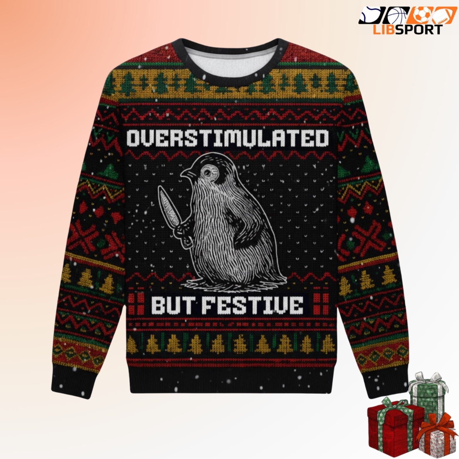 Overstimulated Festive Penguin Sweater, Ugly Christmas Funny Shirt, Trashcore Meme Possum Gift